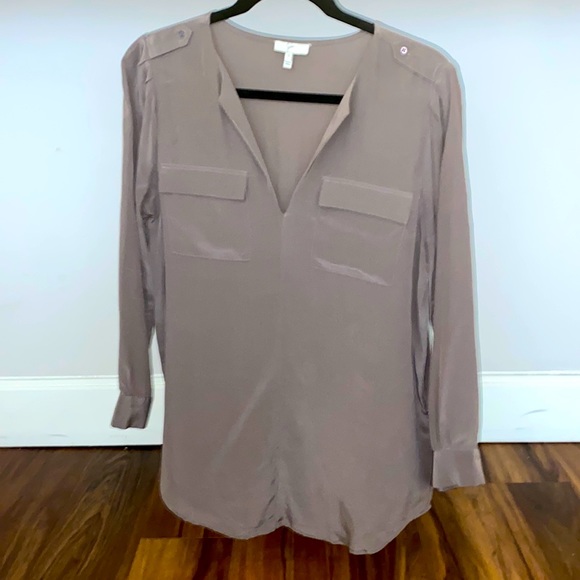 Joie Marlo Silk Split V-neck Pocket Blouse Long Sleeve Gray SZ S - Picture 3 of 7